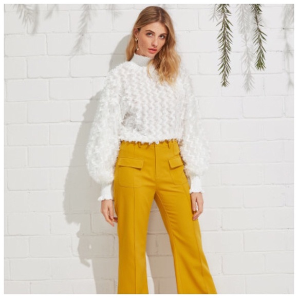 Eggshell White Feather Textured Mock Neck Top - Picture 5 of 6